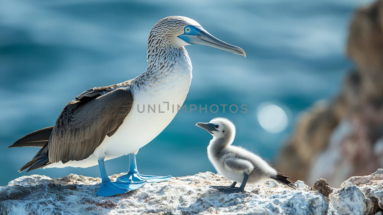Adult blue footed booby with fluffy white chick on rocky coastline, showcasing parental bond against turquoise ocean background.