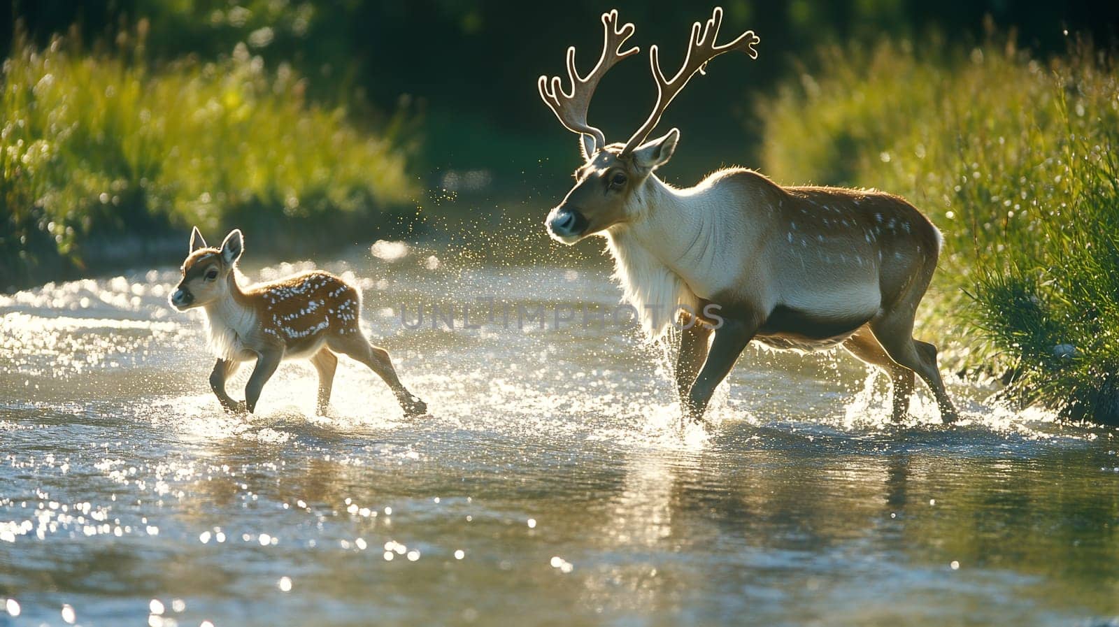 Adult caribou and calf splashing through sunlit river water, creating dramatic silhouettes against sparkling water and green riverbank.