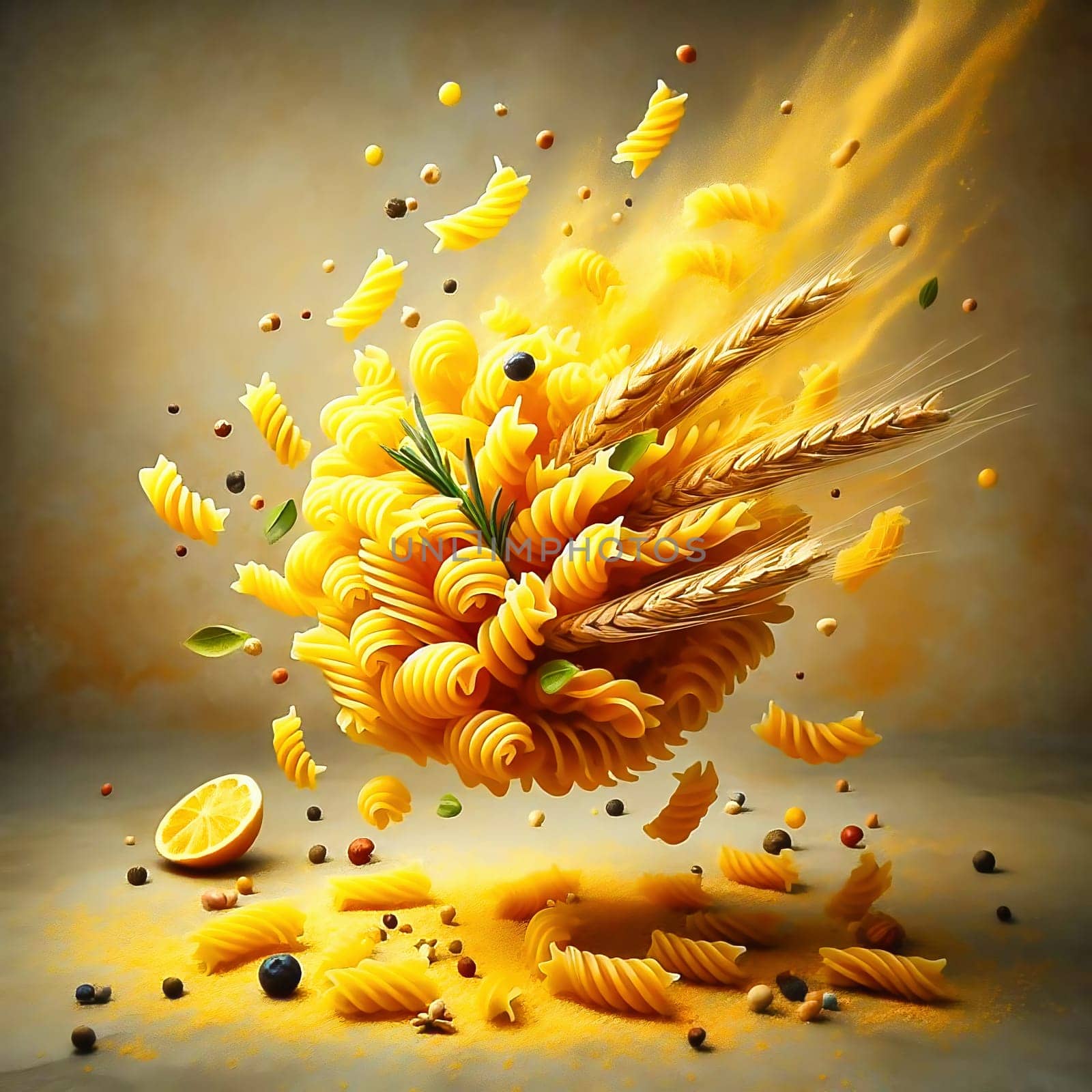 Fusillini, penne and other pasta, decoratively displayed in motion. Food generated with AI