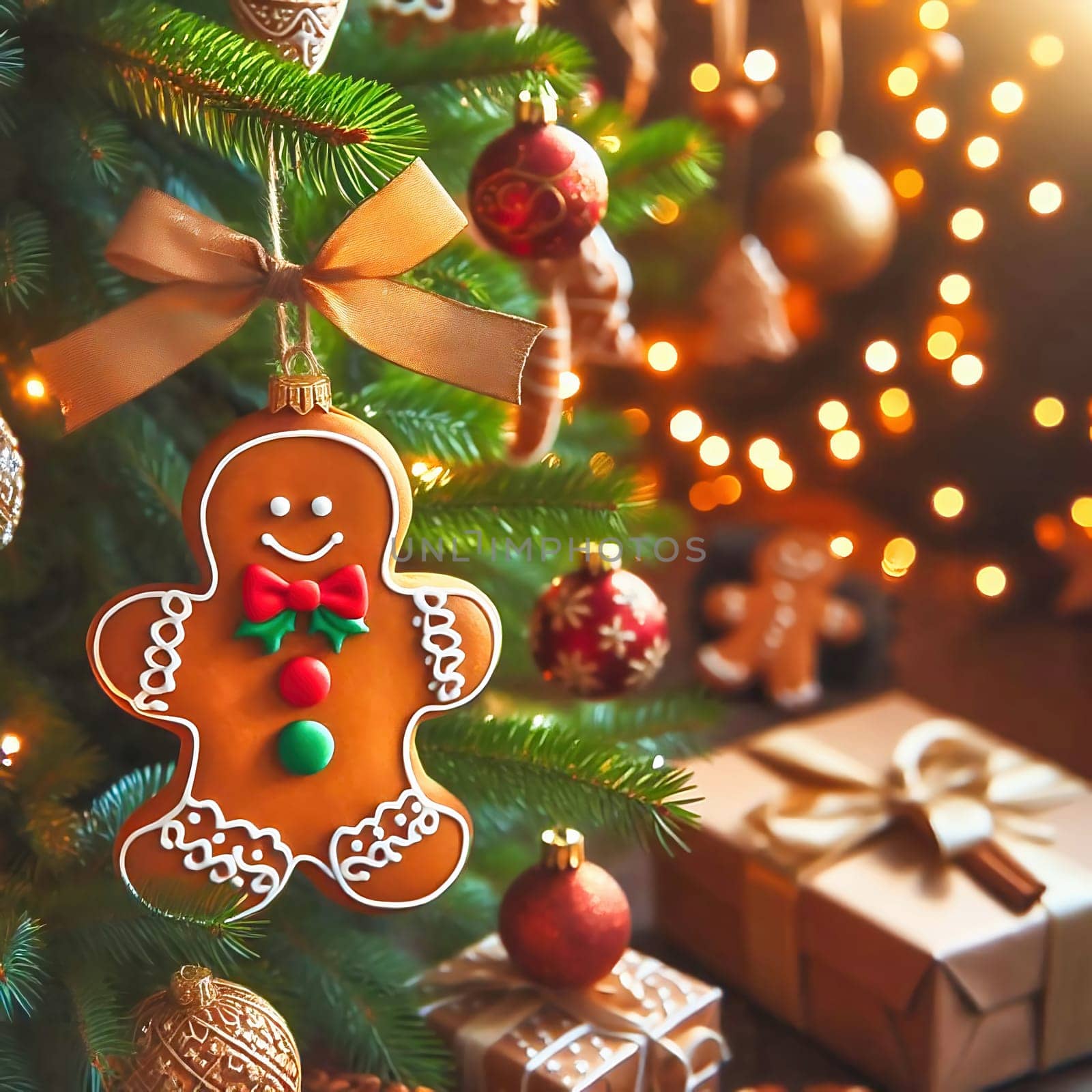 A festively decorated Christmas tree with lights, snowflake ornaments, a gingerbread man and presents that radiate atmospheric light.