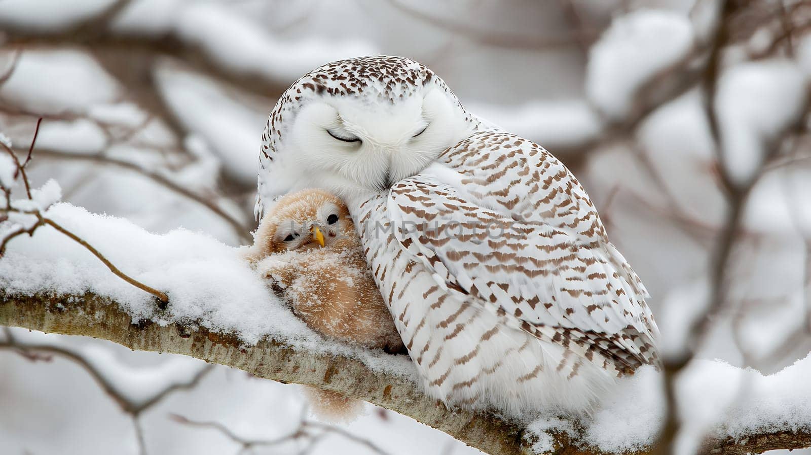 A snowy owl cuddles its chick on a snow covered branch, sharing a warm moment amidst the cold.