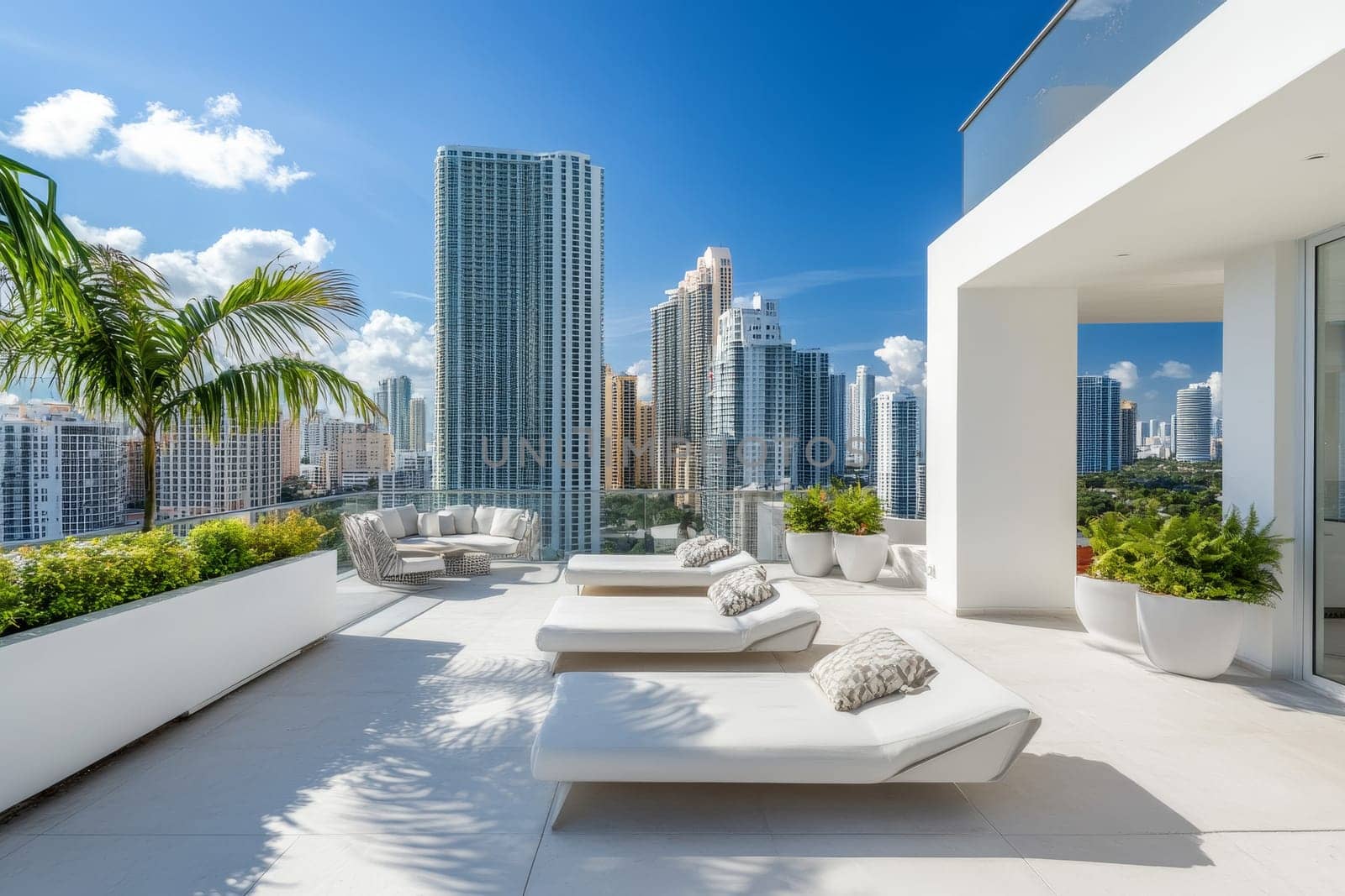 Stylish rooftop terrace with lounge chairs and city skyline under a clear blue sky.