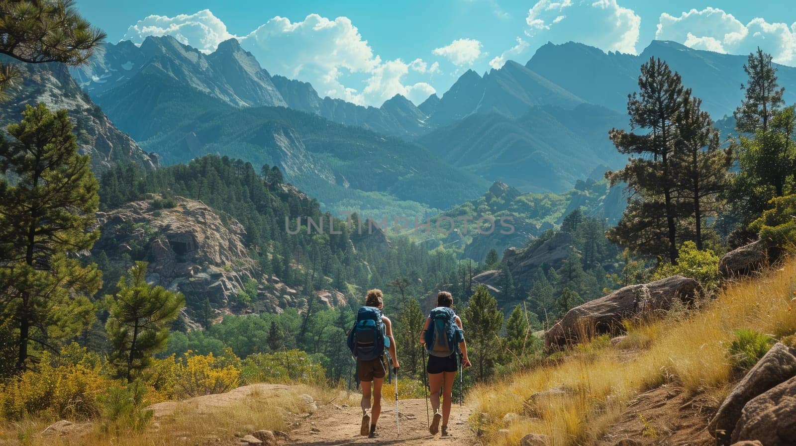 Two hikers walking along a trail surrounded by rocky mountains, trees, and open skies. Outdoor adventure and exploration concept.