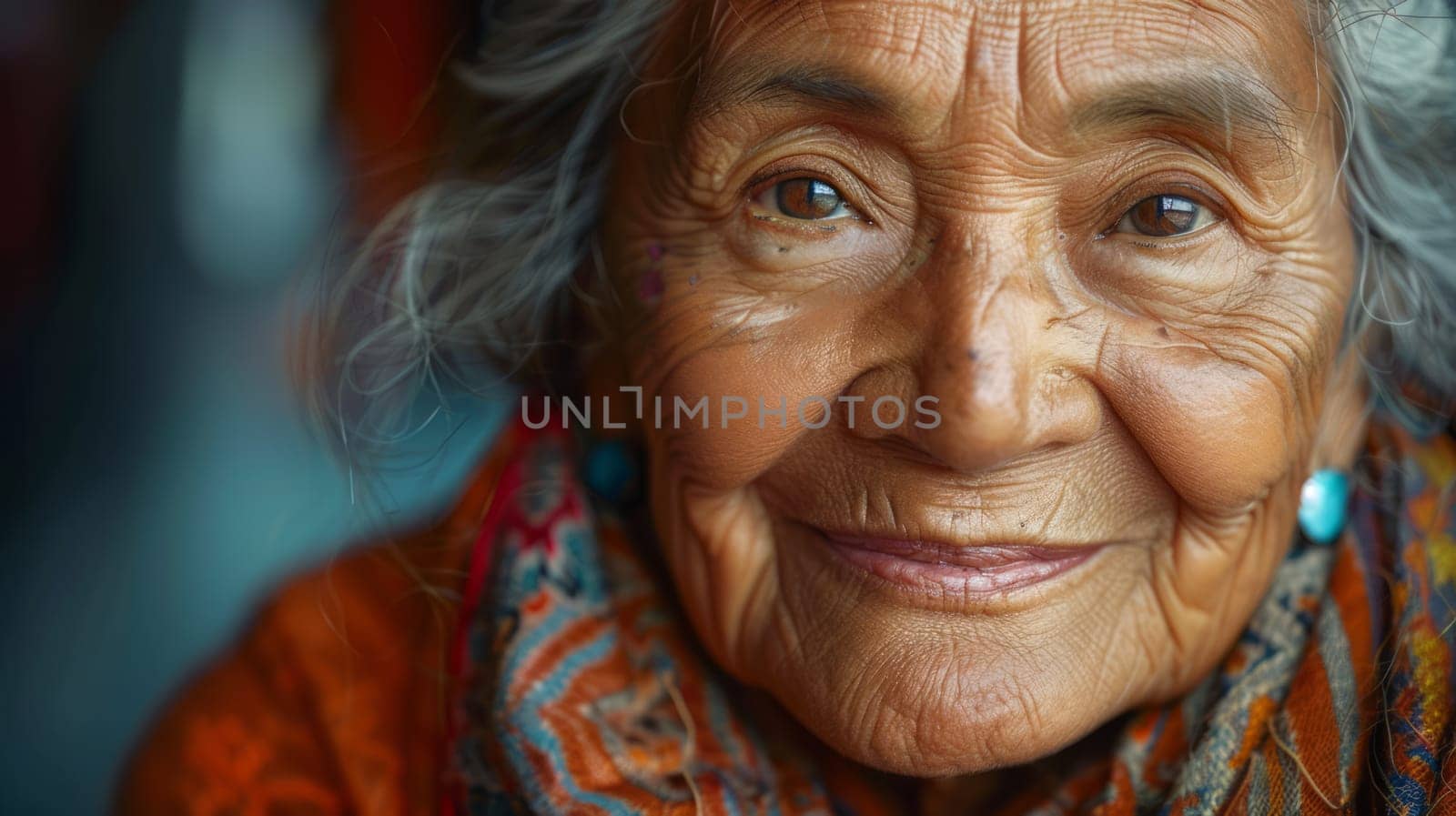 Close-up portrait of an elderly woman with expressive wrinkles, wearing vibrant clothing and a gentle smile, exuding warmth and wisdom.