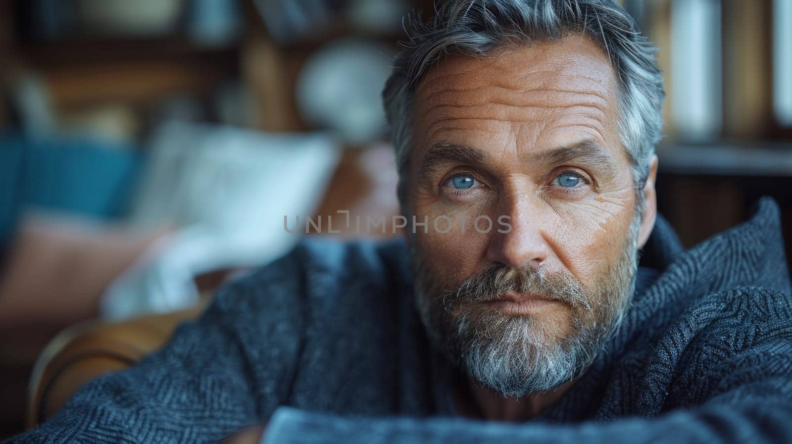 A close-up portrait of an older man with gray hair and striking blue eyes, wearing a sweater, in a reflective mood indoors.