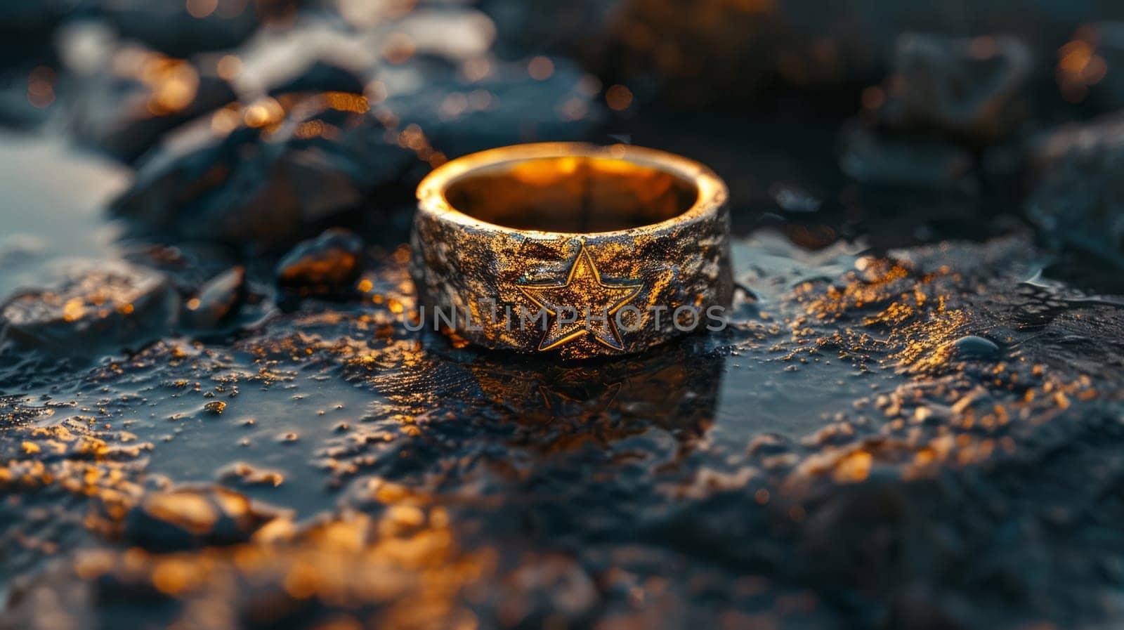 A weathered and cracked gold ring with mystical symbol lies on a wet stone surface, illuminated by soft natural light, evoking themes of mystery, history, and symbolism.