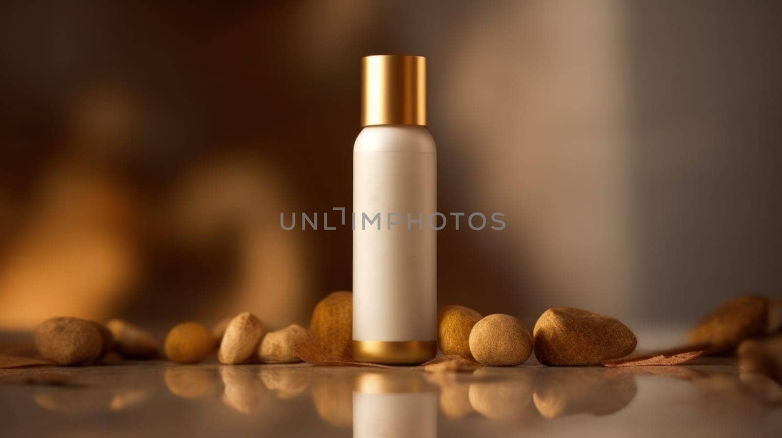 A minimalist white skincare bottle with a golden cap, placed among smooth stones, evoking calm and elegance for beauty and wellness themes.