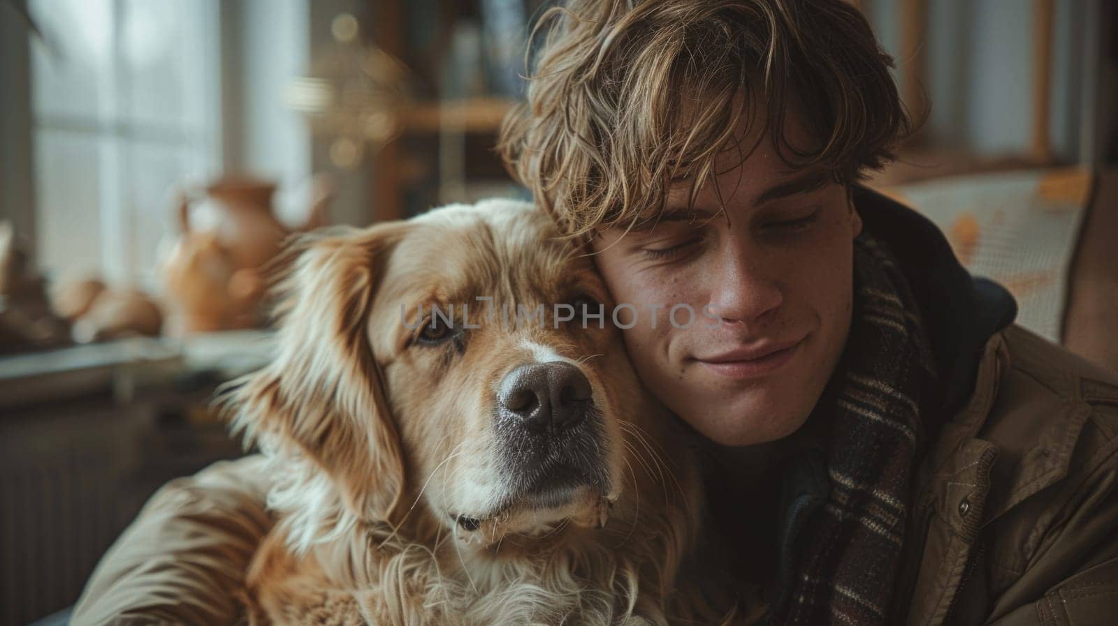 A young man sits on the floor with his dog, hugs it and expresses his emotions. The atmosphere is homely, comfortable and cozy.