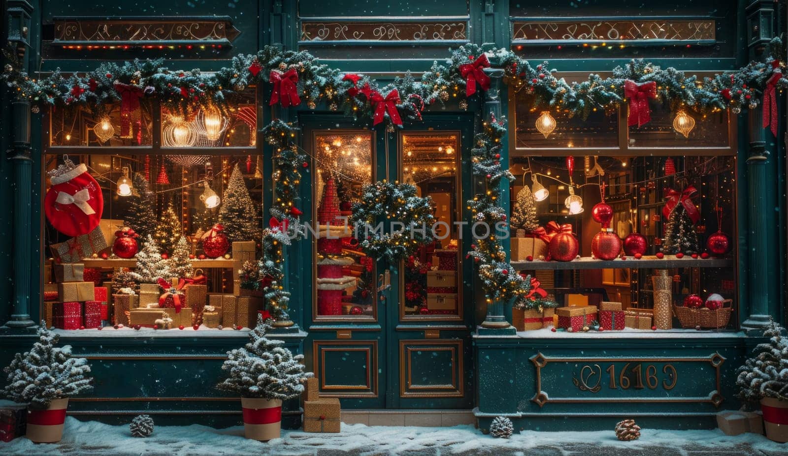 Christmas-themed storefront adorned with lights,