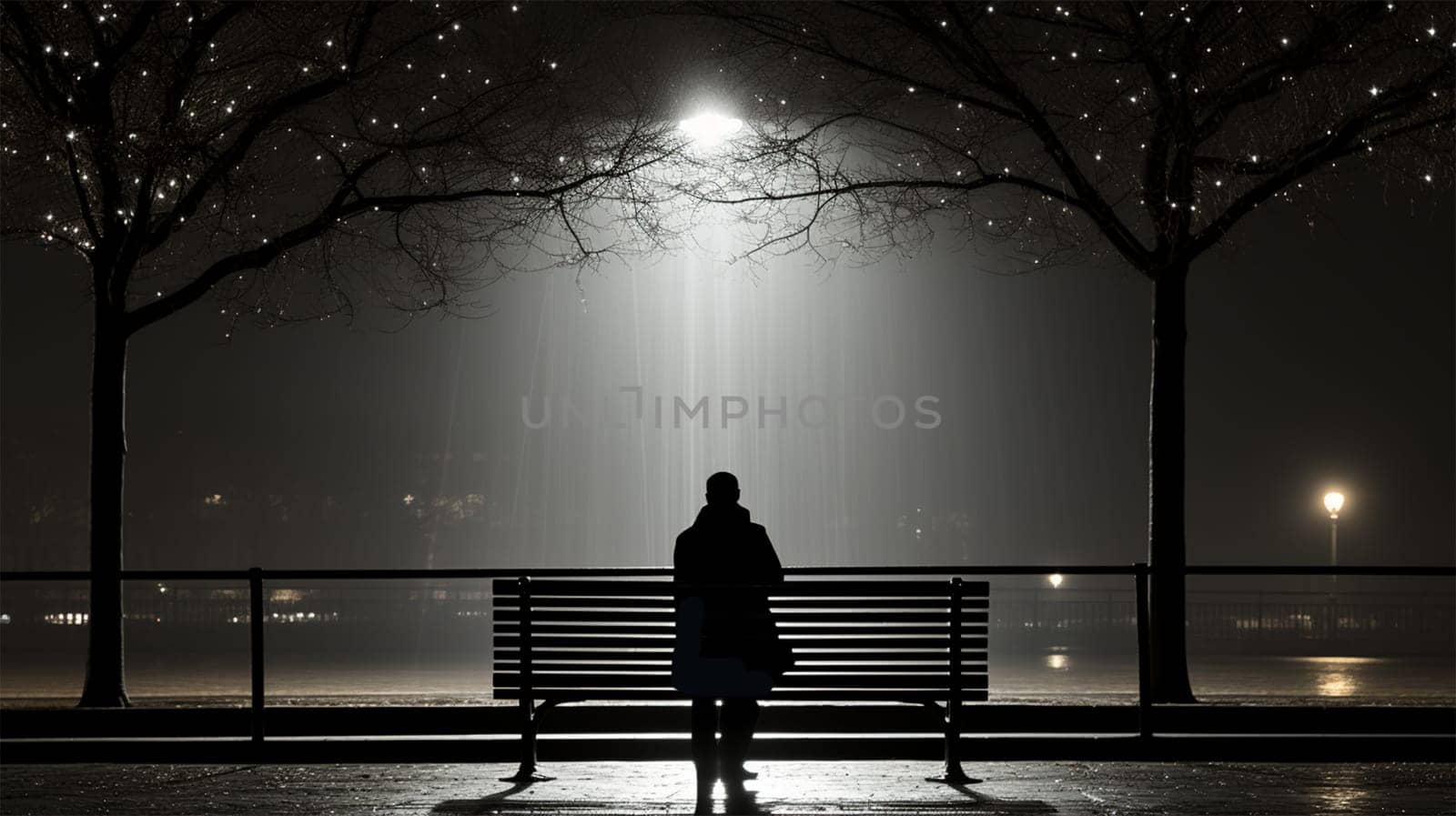 Man sitting alone on a bench under a bright street lamp, surrounded by darkness. Solitude and loneliness concept.
