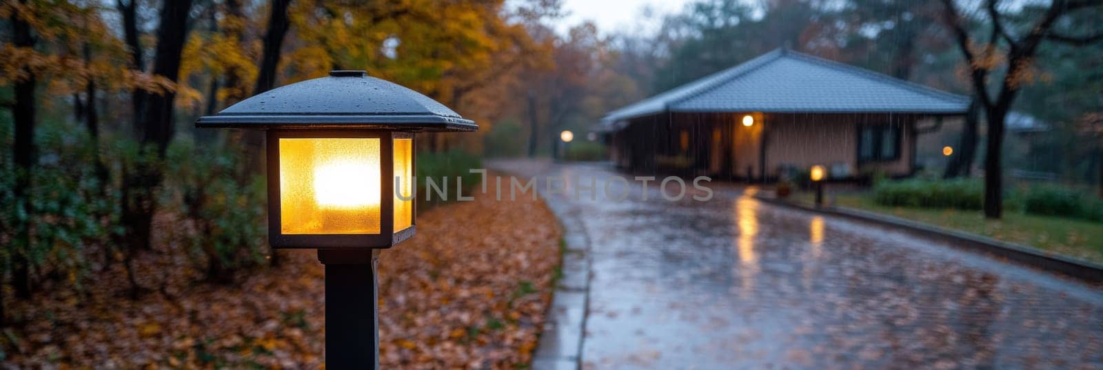 A serene, rain-soaked pathway lined with warm lanterns and surrounded by autumn trees, leading to a cozy house in the background.