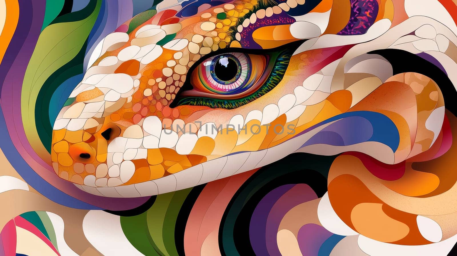 Artistic and abstract illustration of a snake head with swirling, vibrant patterns and intricate details, combining realism with creative expression in a bold color palette.