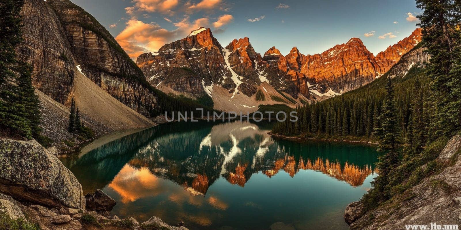 Panoramic view of rugged mountains reflected in a turquoise lake at sunset, surrounded by evergreen trees and dramatic skies.