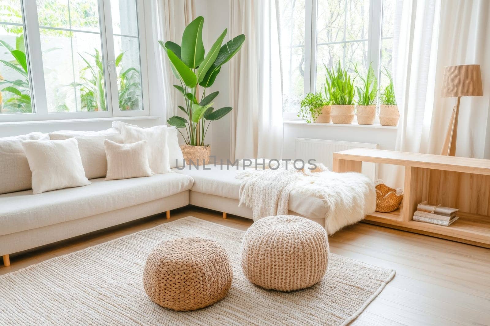 Bright and cozy living room with beige sofa, knitted poufs, and indoor plants, creating a serene and inviting atmosphere.