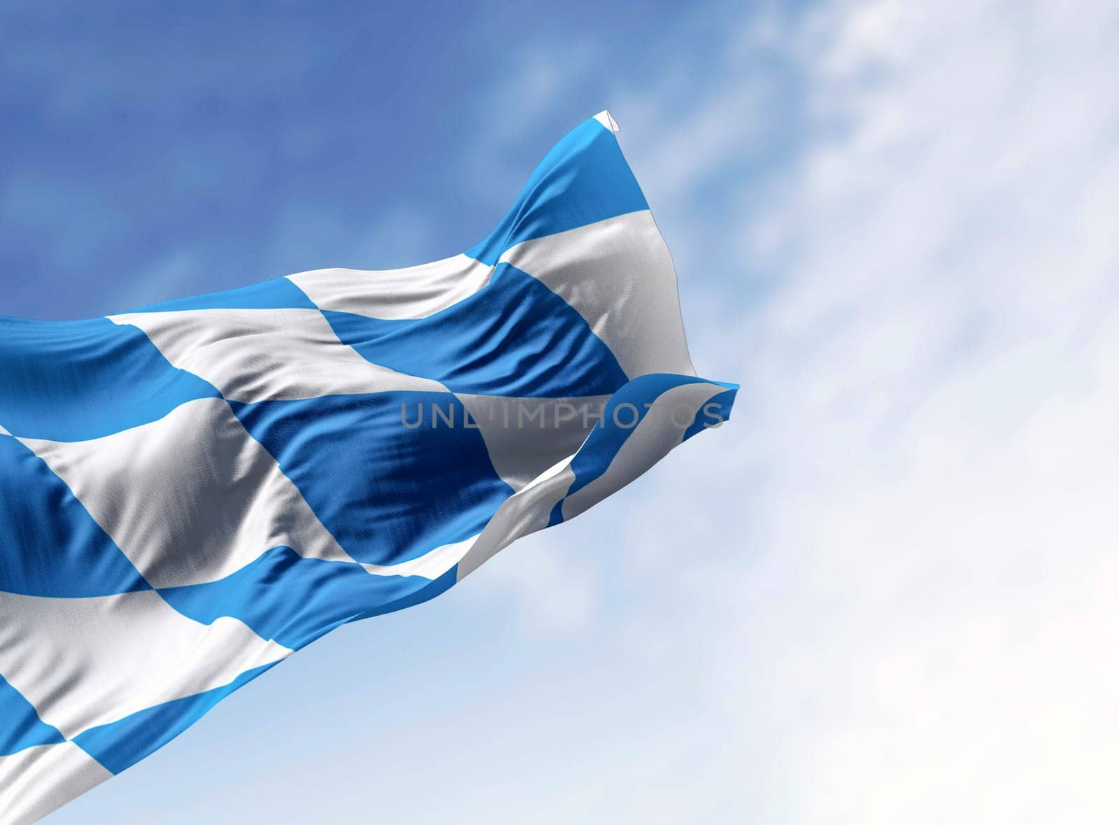 Bavarian flags waving with national german flag on a clear day. Bavaria is a state in the south-east of Germany. 3d illustration render. Selective focus. Fluttering fabric.