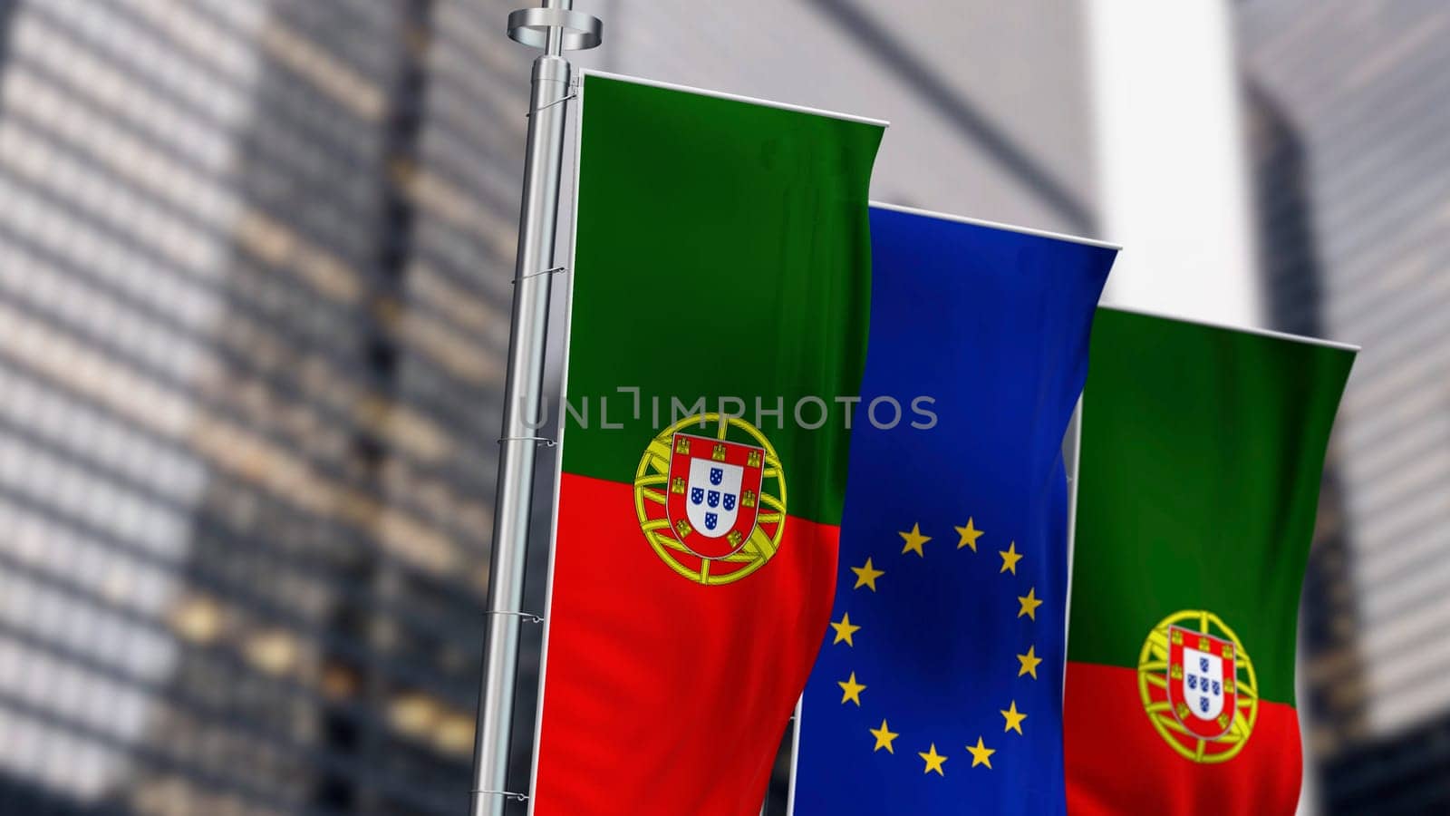 Close-up of Portugal and the European Union vertical flags waving in the wind. Democracy and politics. Rippled textile, 3d illustration render. Selective focus