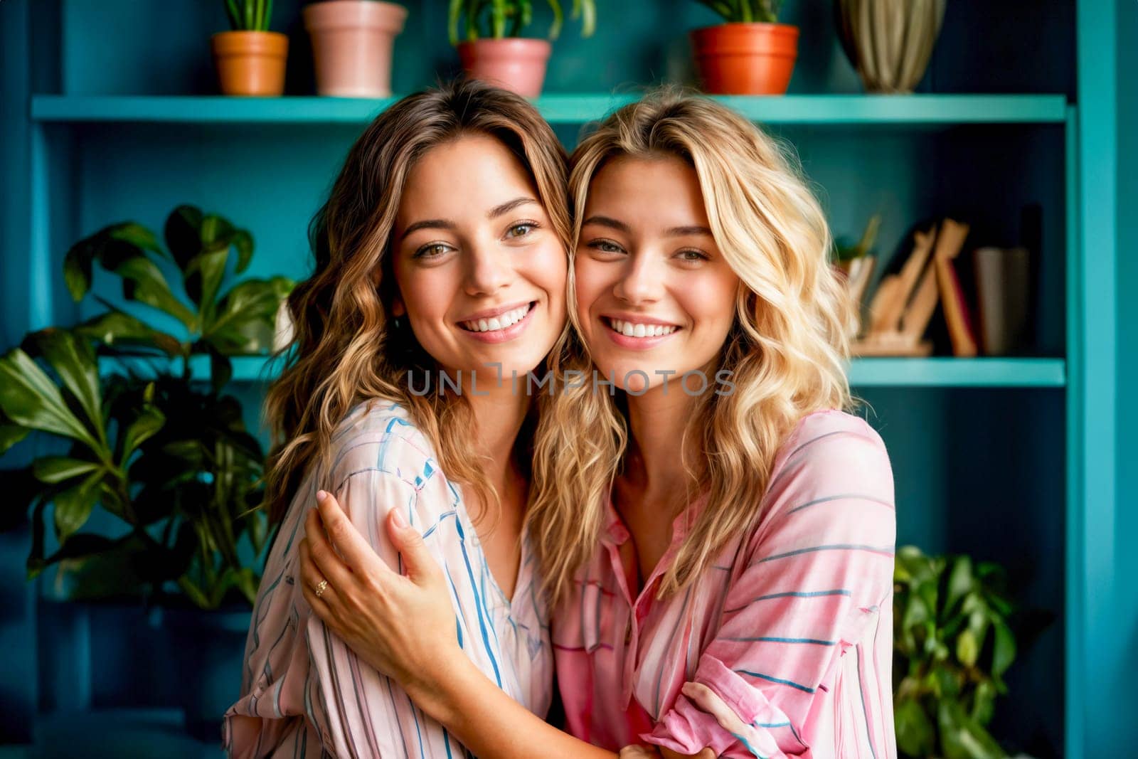 Portrait of two young women smiling and hugging in a cozy indoor environment with plants and a bookshelf in the background. Ideal for concepts of friendship, happiness, and togetherness.