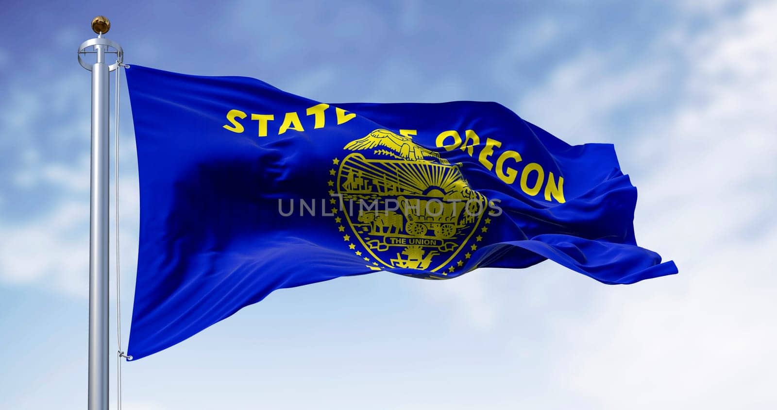Oregon state flag waving in the wind on a clear day. The Oregon flag is two-sided with navy blue and gold colors. 3d illustration render. Fluttering fabric. Waving flag
