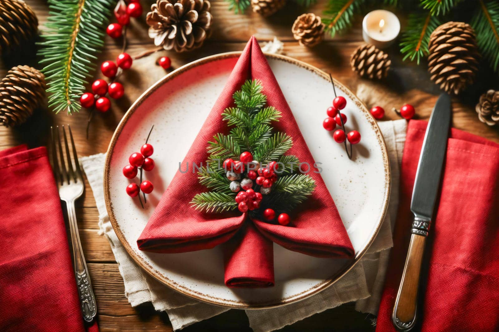 Elegant Christmas table setting with a folded red napkin decorated with pine branches and red berries on a white plate. Surrounded by festive elements like pine cones, candles, and greenery