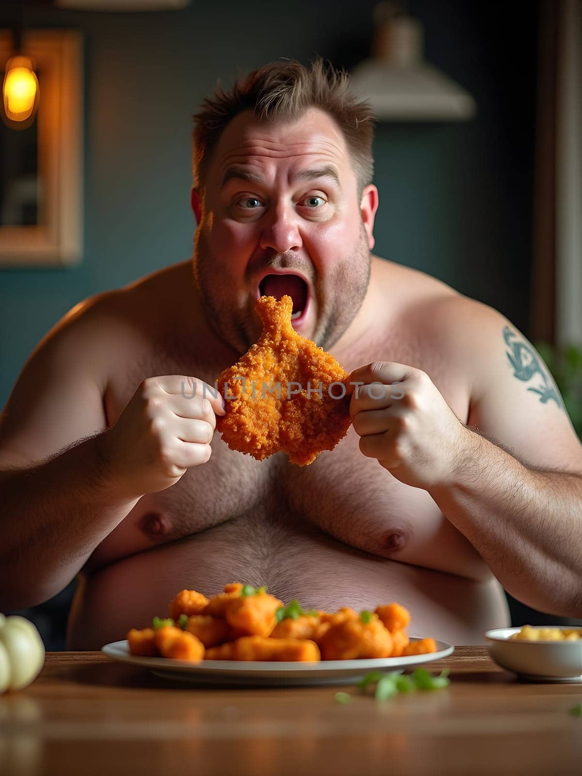 Funny fat man eating chicken