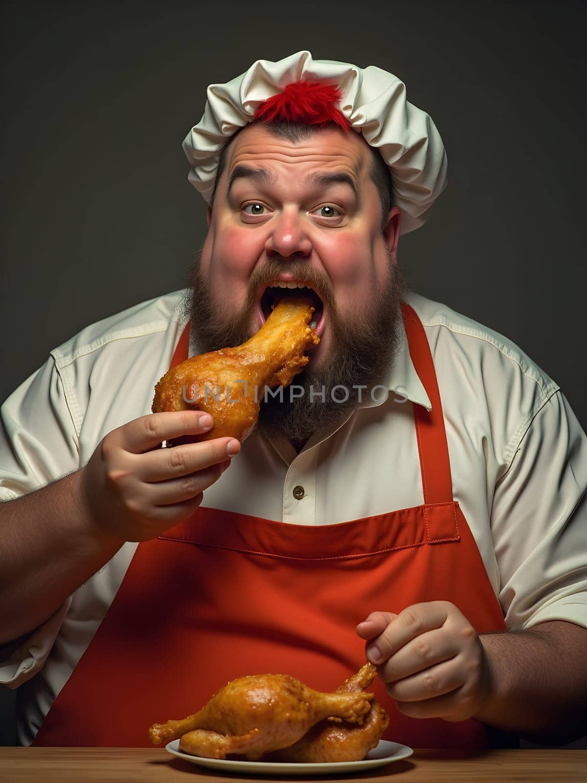 Funny fat man eating chicken