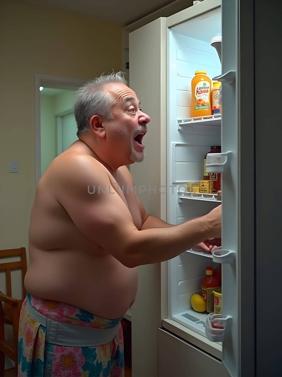 Funny hungry man looking in refrigerator