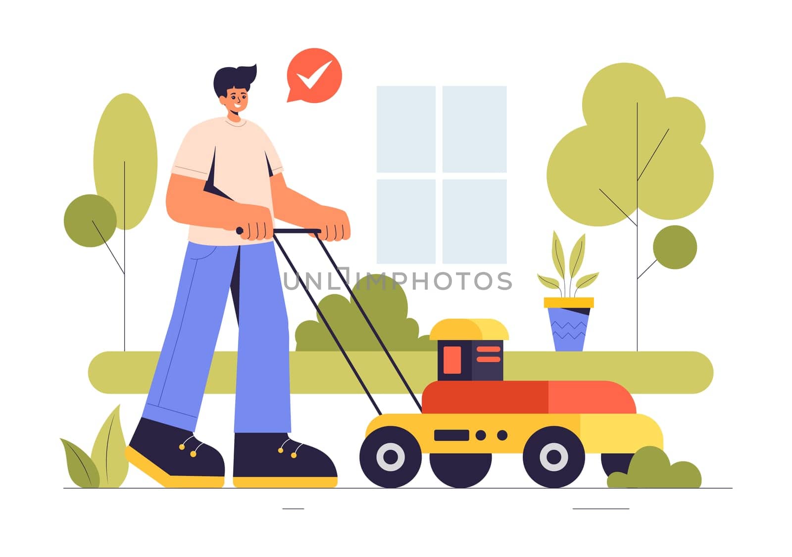 Lawn Mower Vector Illustration Featuring Grass Cutting, Trimming, and Care in a Summer Gardening Flat Style Cartoon Background
