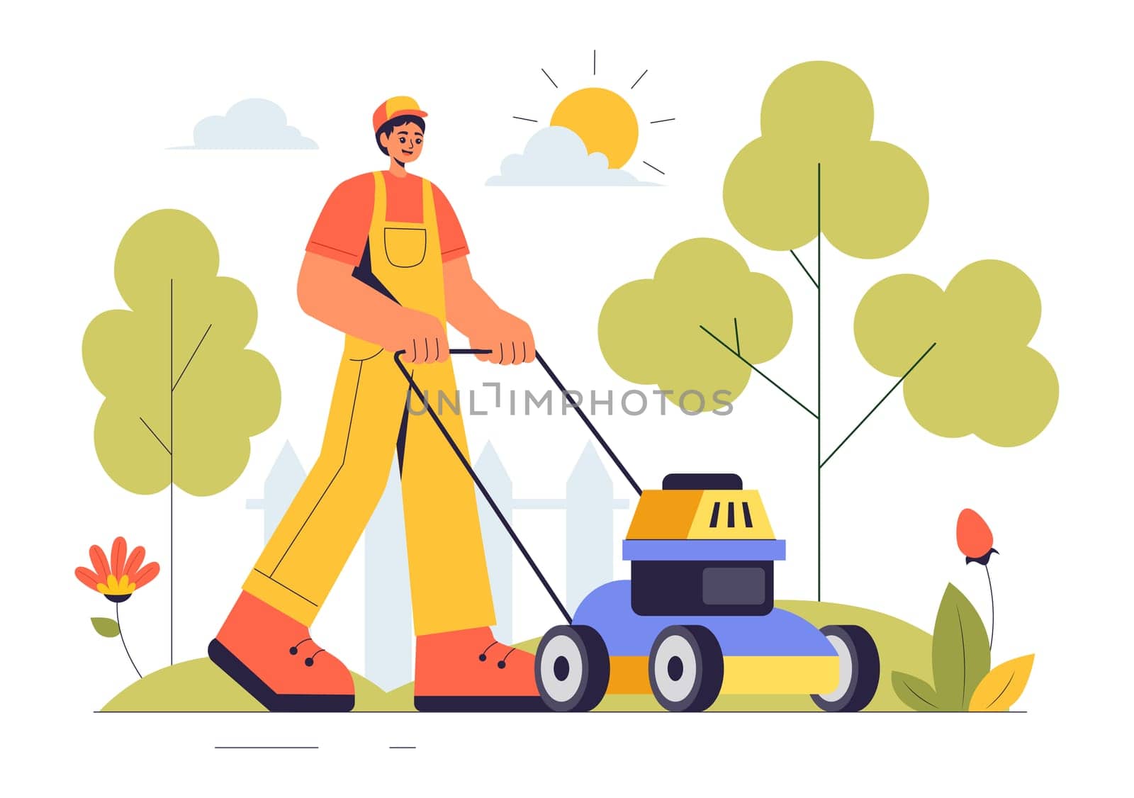 Lawn Mower Vector Illustration Featuring Grass Cutting, Trimming, and Care in a Summer Gardening Flat Style Cartoon Background