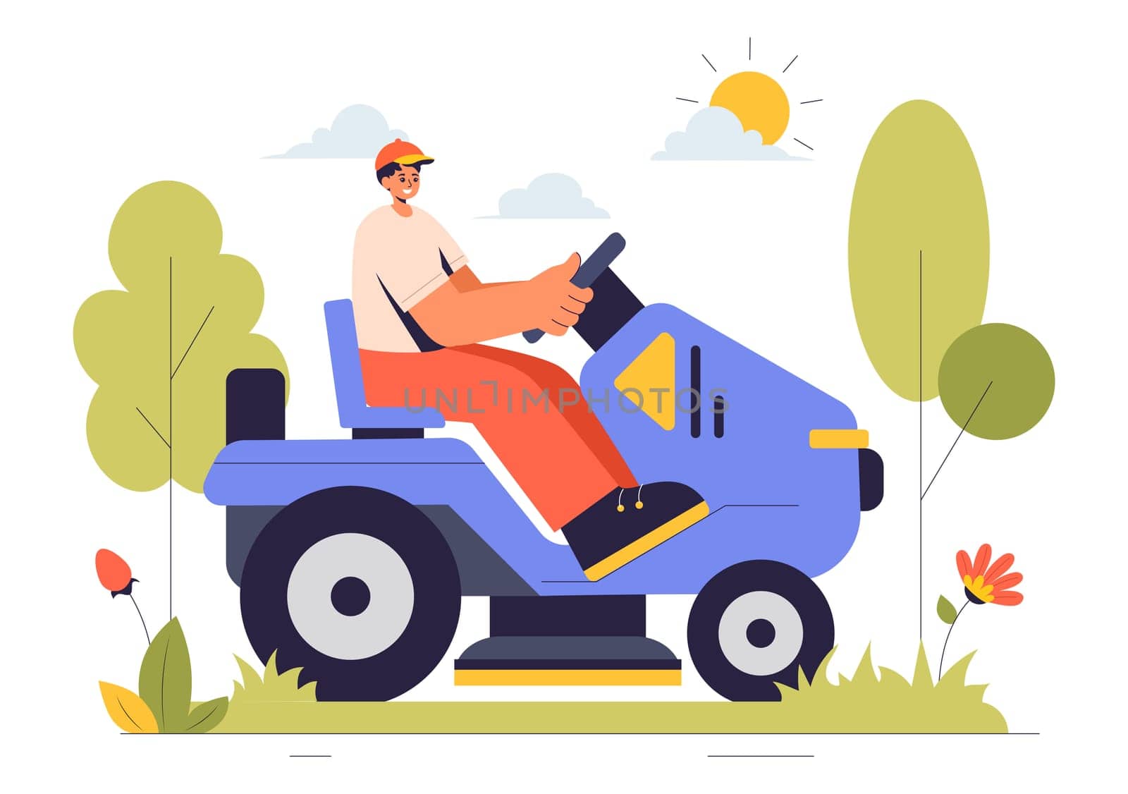 Lawn Mower Vector Illustration Featuring Grass Cutting, Trimming, and Care in a Summer Gardening Flat Style Cartoon Background