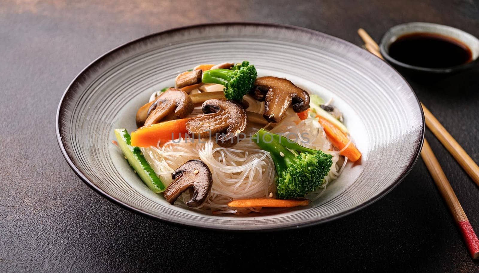 asian rice noodles with shiitake mushrooms and vegetables, AI generated image