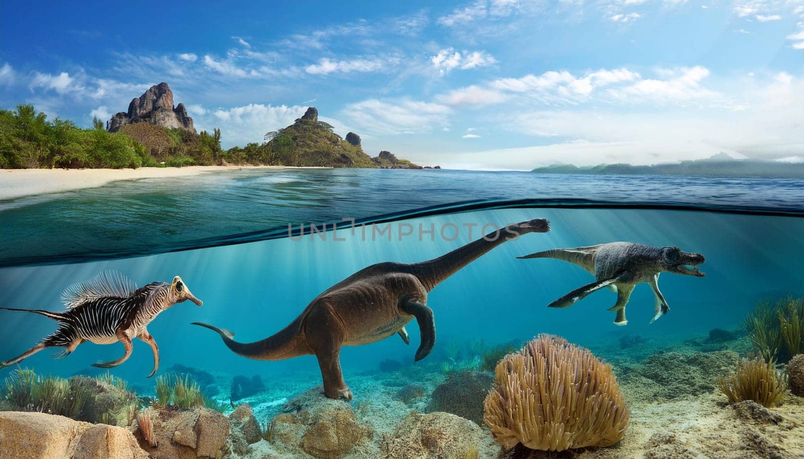 prehistoric sea creatures underwater, AI generated image