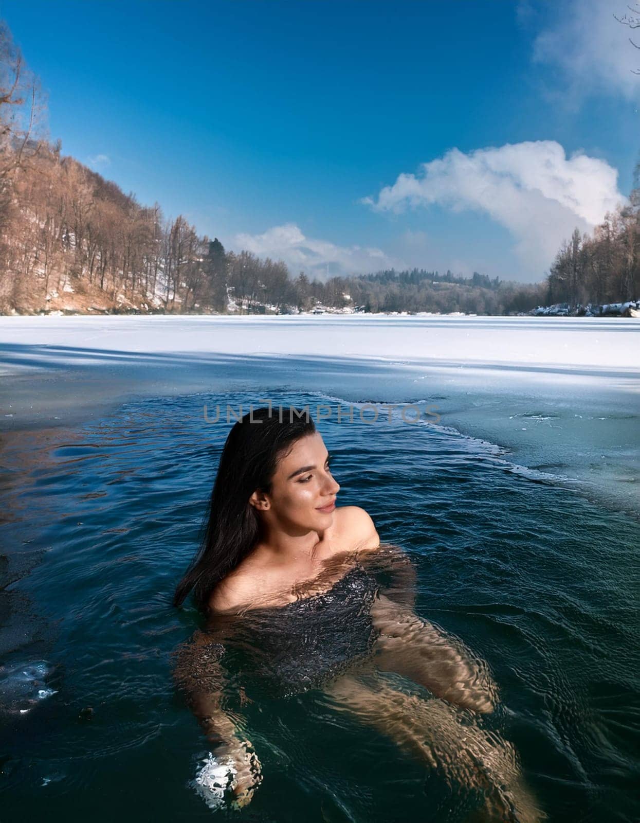 gorgeous young woman swimming in iced lake, AI generated image