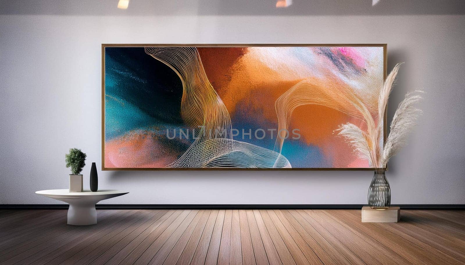 abstract modern art painting in art gallery, AI generated image