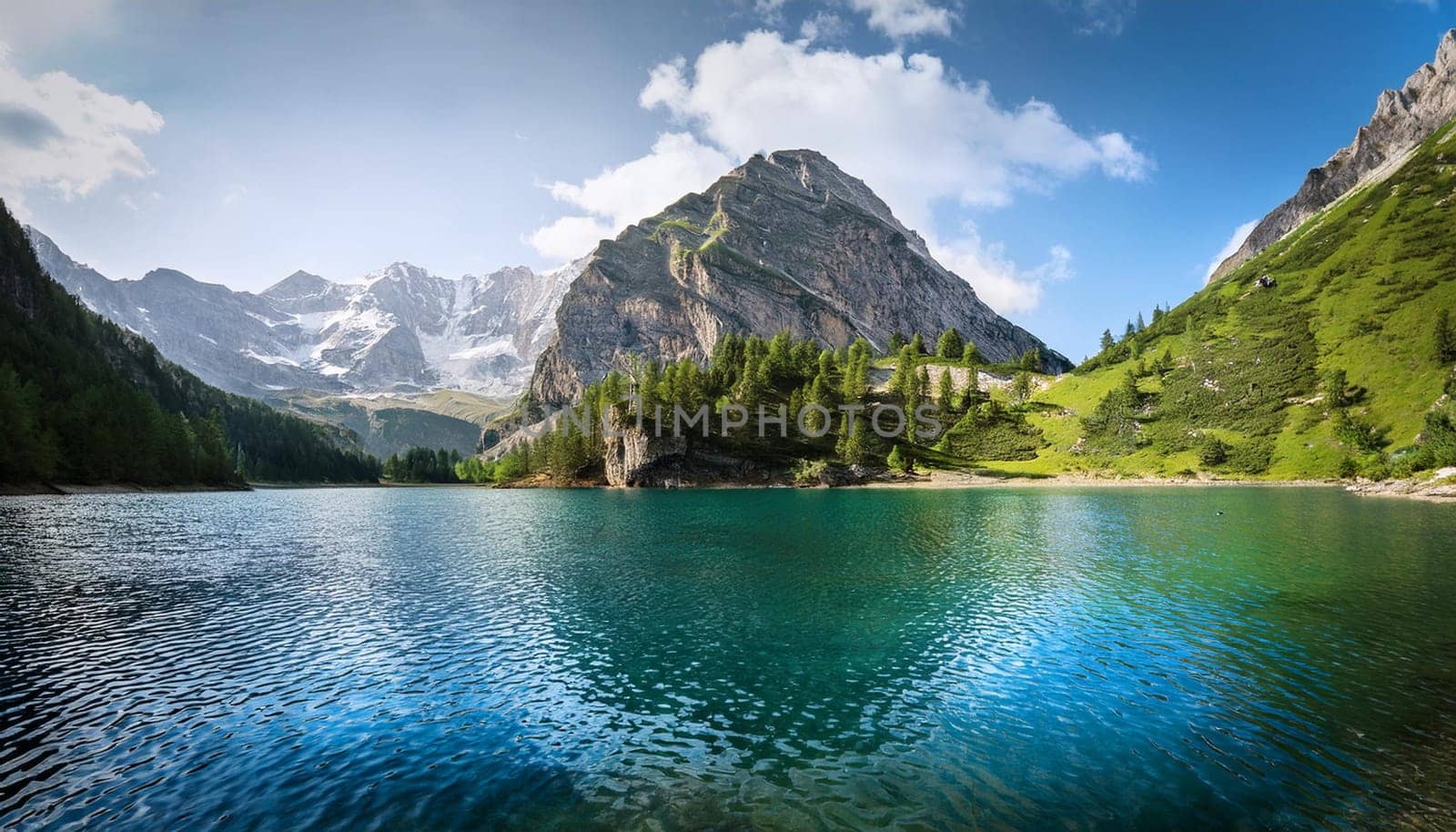 alpine mountains lake landscape view, AI generated image