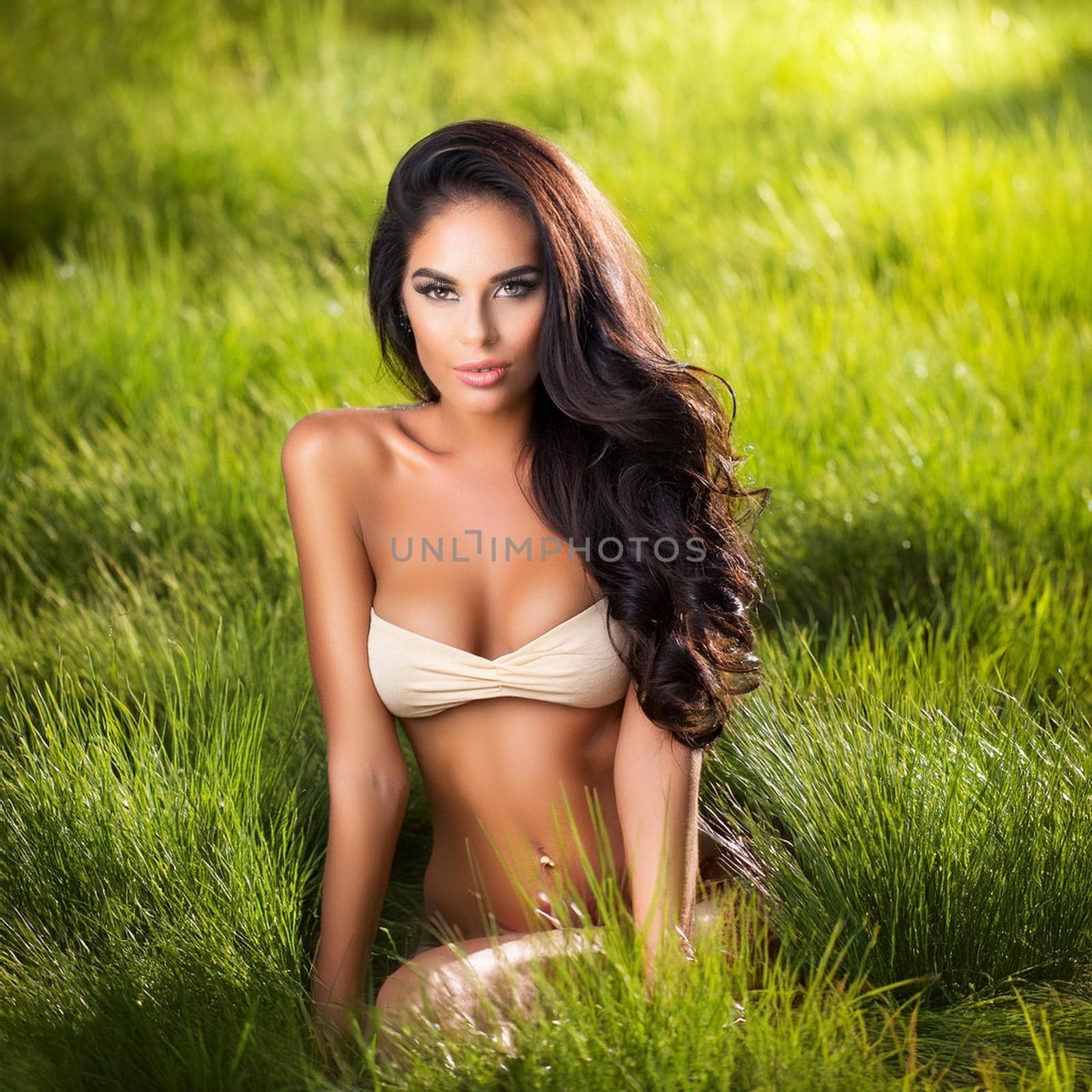pretty young woman over grass background, AI generated image