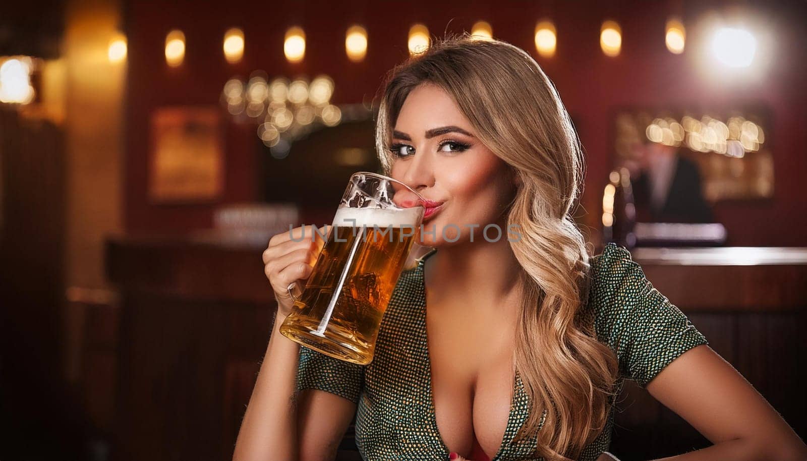 pretty young woman drinking beer in a pub, AI generated image