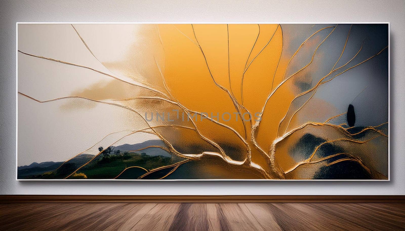 abstract modern art painting in art gallery, AI generated image