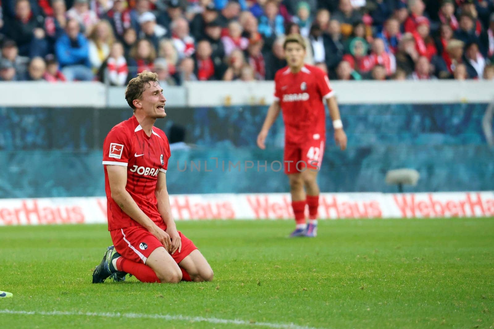 Final whistle: Disappointed,Patrick Osterhage (SC Freiburg) kneels on the pitch after the match of the 1st FBL: 24-25: 1st FBL: 24-25: 9th Sptg. SC Freiburg - FSV Mainz 05  DFL REGULATIONS PROHIBIT ANY USE OF PHOTOGRAPHS AS IMAGE SEQUENCES AND/OR QUASI-VIDEONann  Photo: Joachim Hahne/johapress