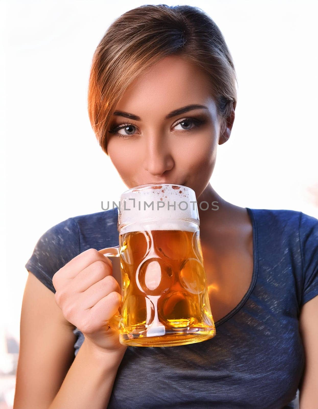 pretty young woman drinking beer, AI generated image