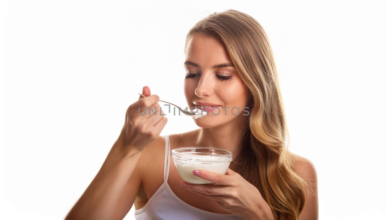 pretty young woman eating white yogurt, AI generated image