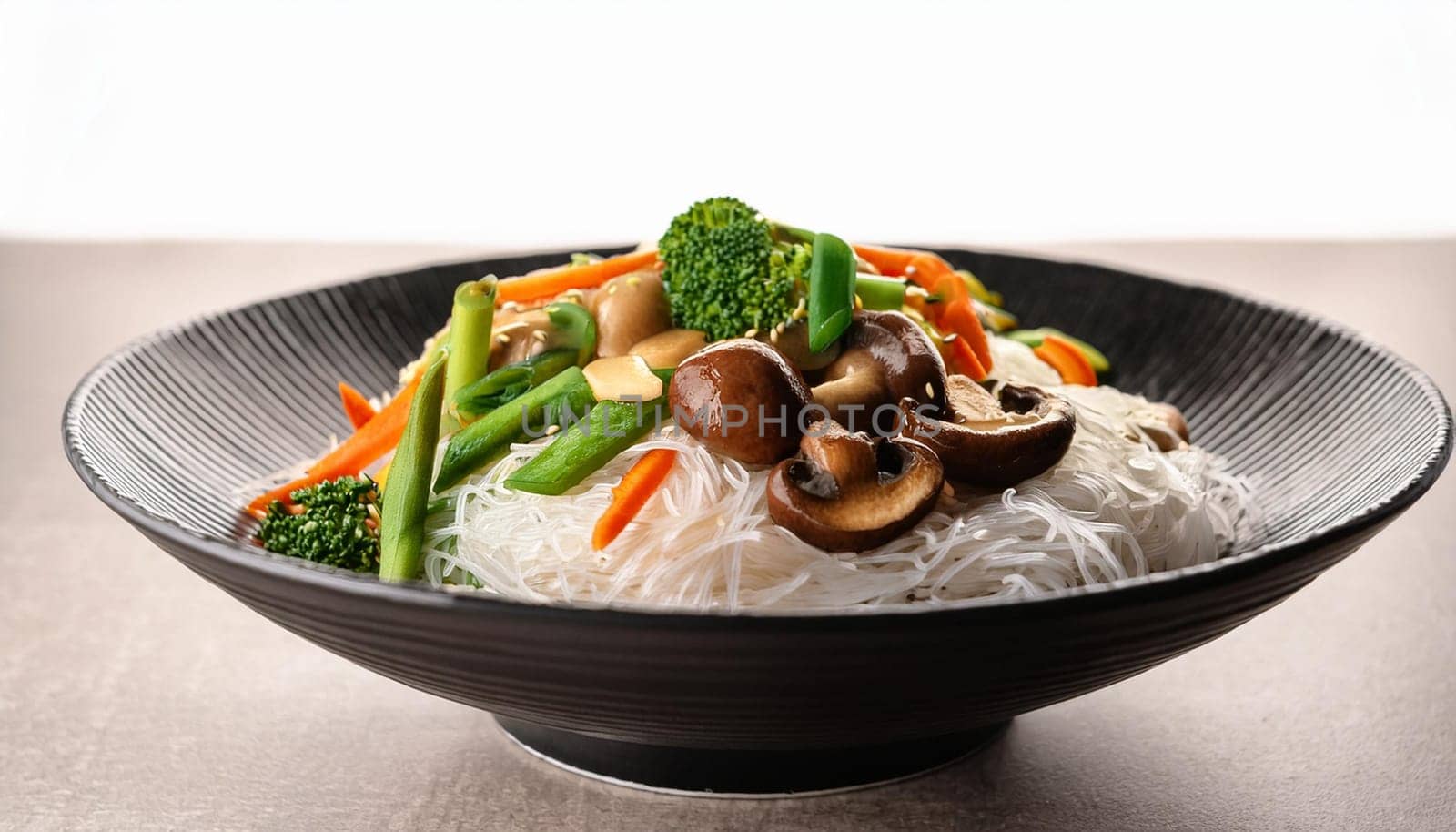 asian rice noodles with shiitake mushrooms and vegetables, AI generated image