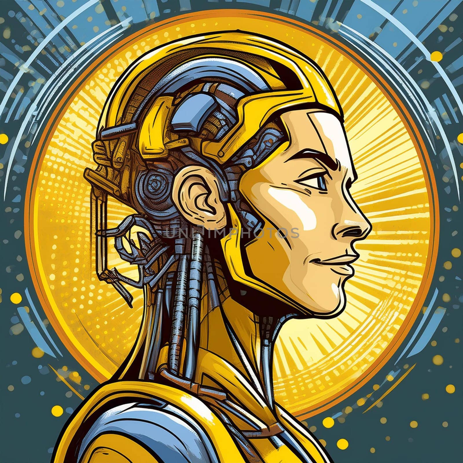 Humanoid head in comic style symbolizing artificial intelligence