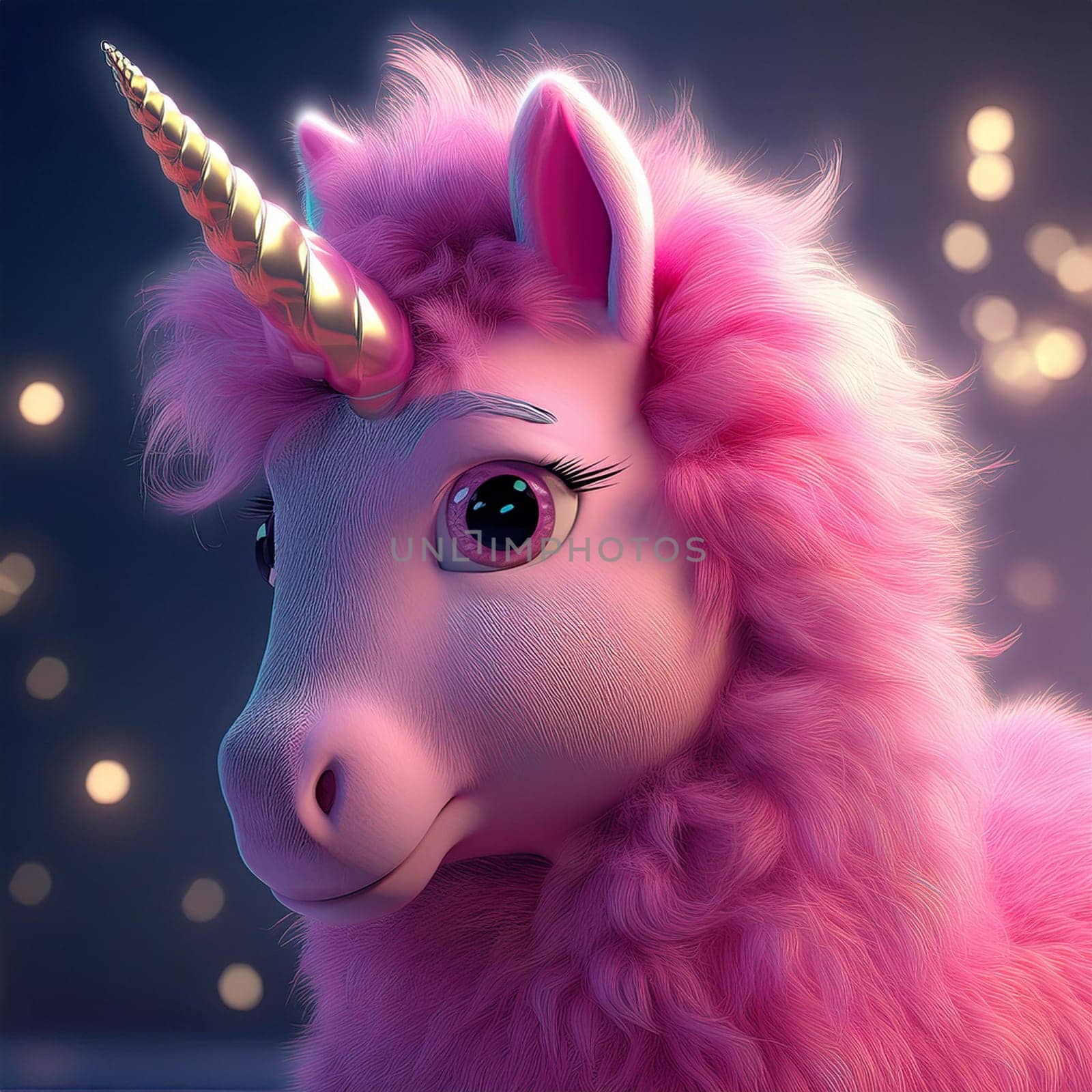 Cute baby unicorn in pink plush and stars