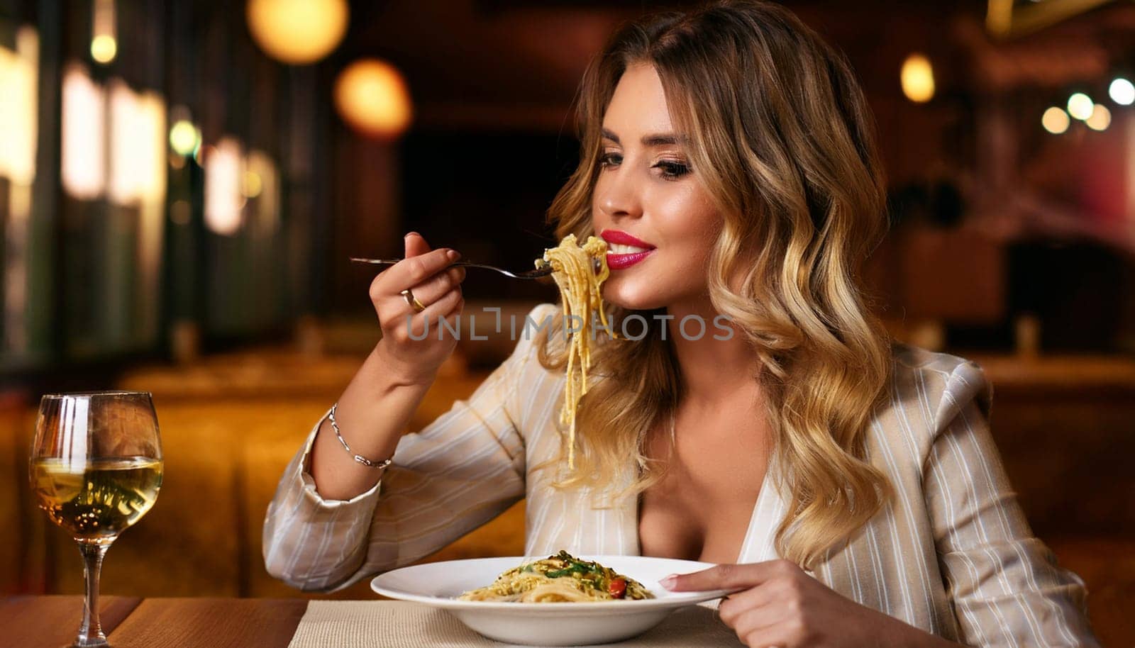 gorgeous young woman eating vegetarian pasta and drinking wine, AI generated image