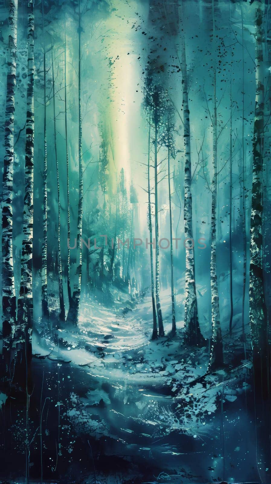 Ethereal birch woodlands bathed in the glow of the aurora