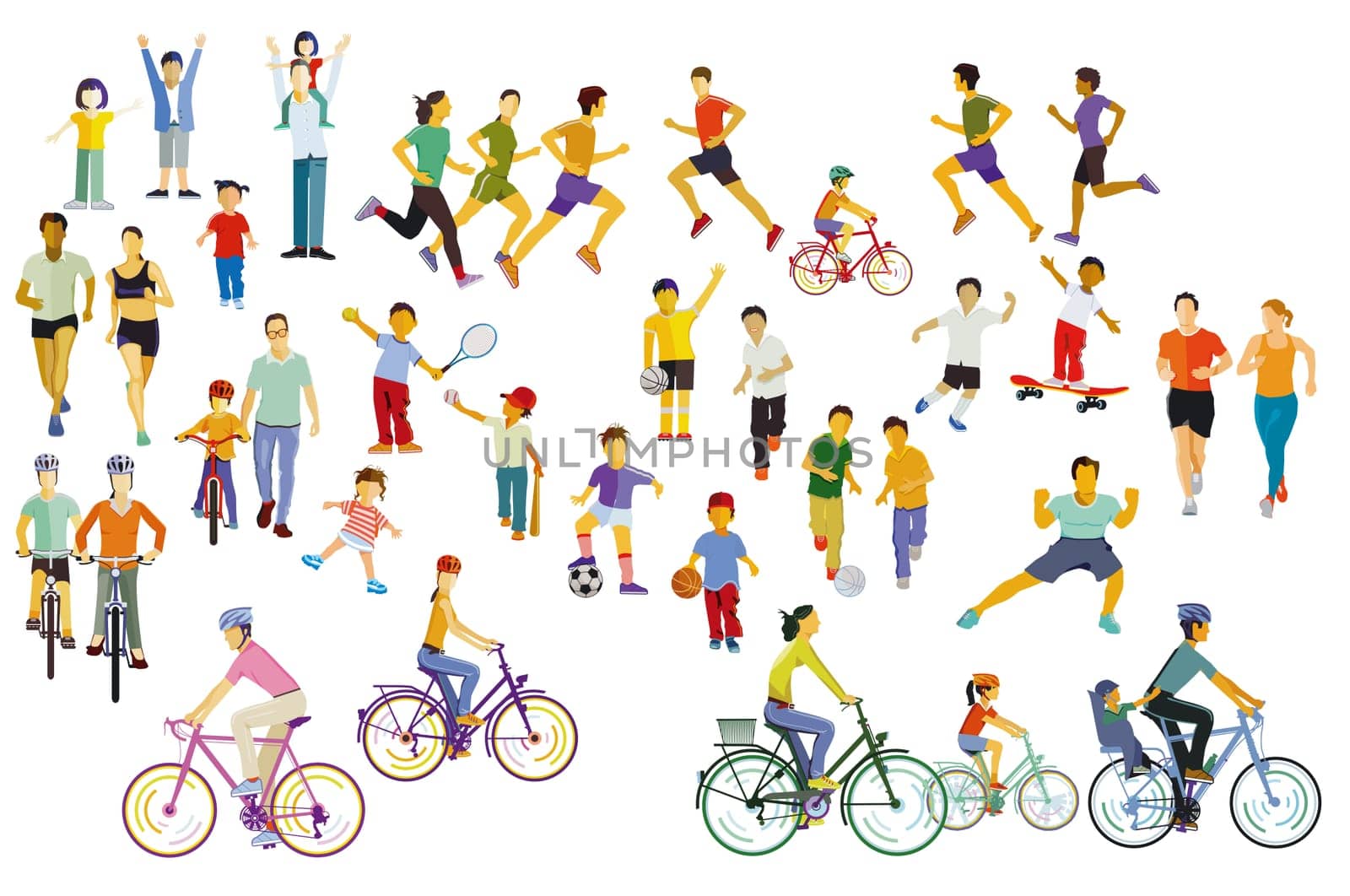 Groups of people doing sports with parents and children, illustration