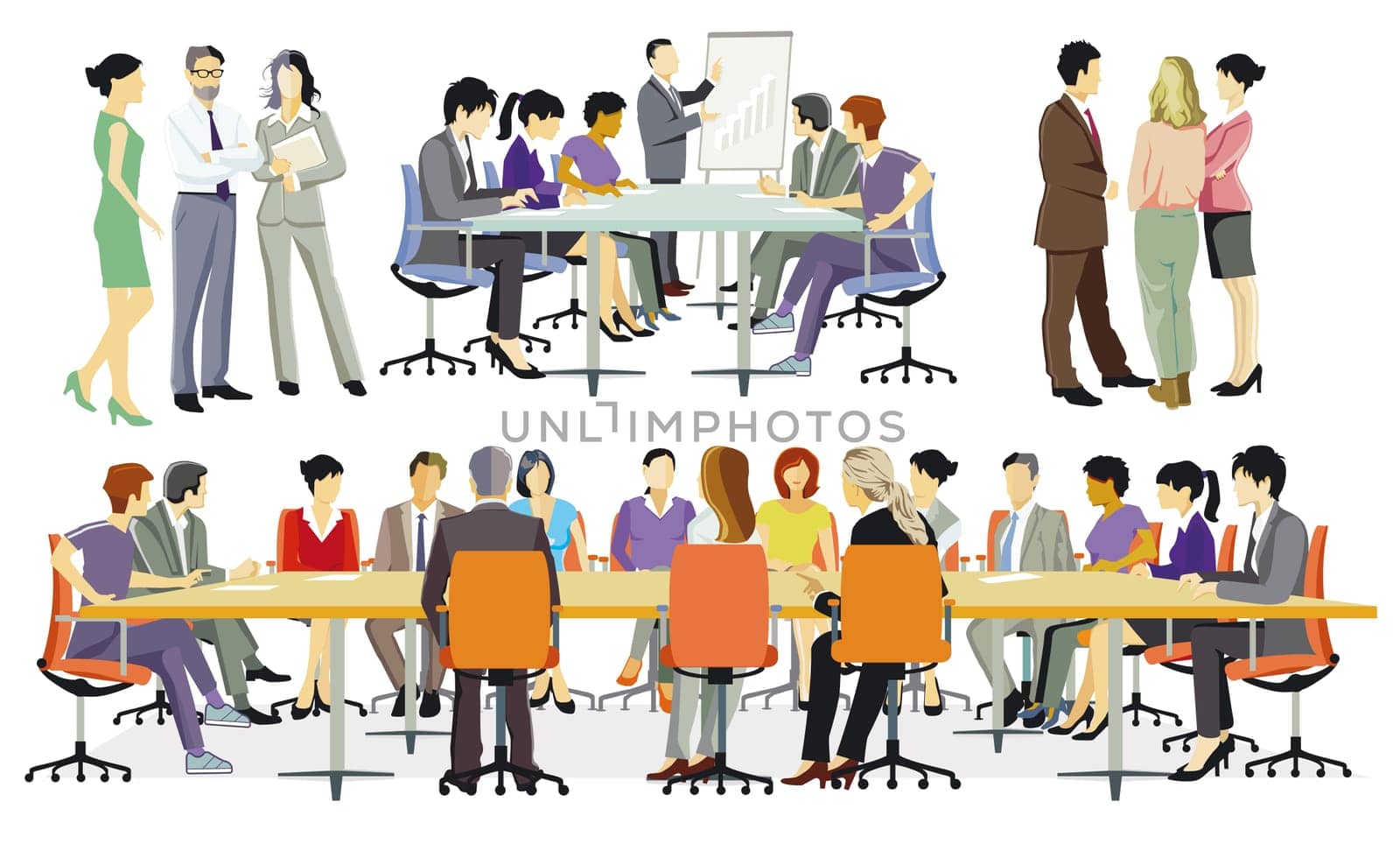 Working groups of people at a meeting. illustration
