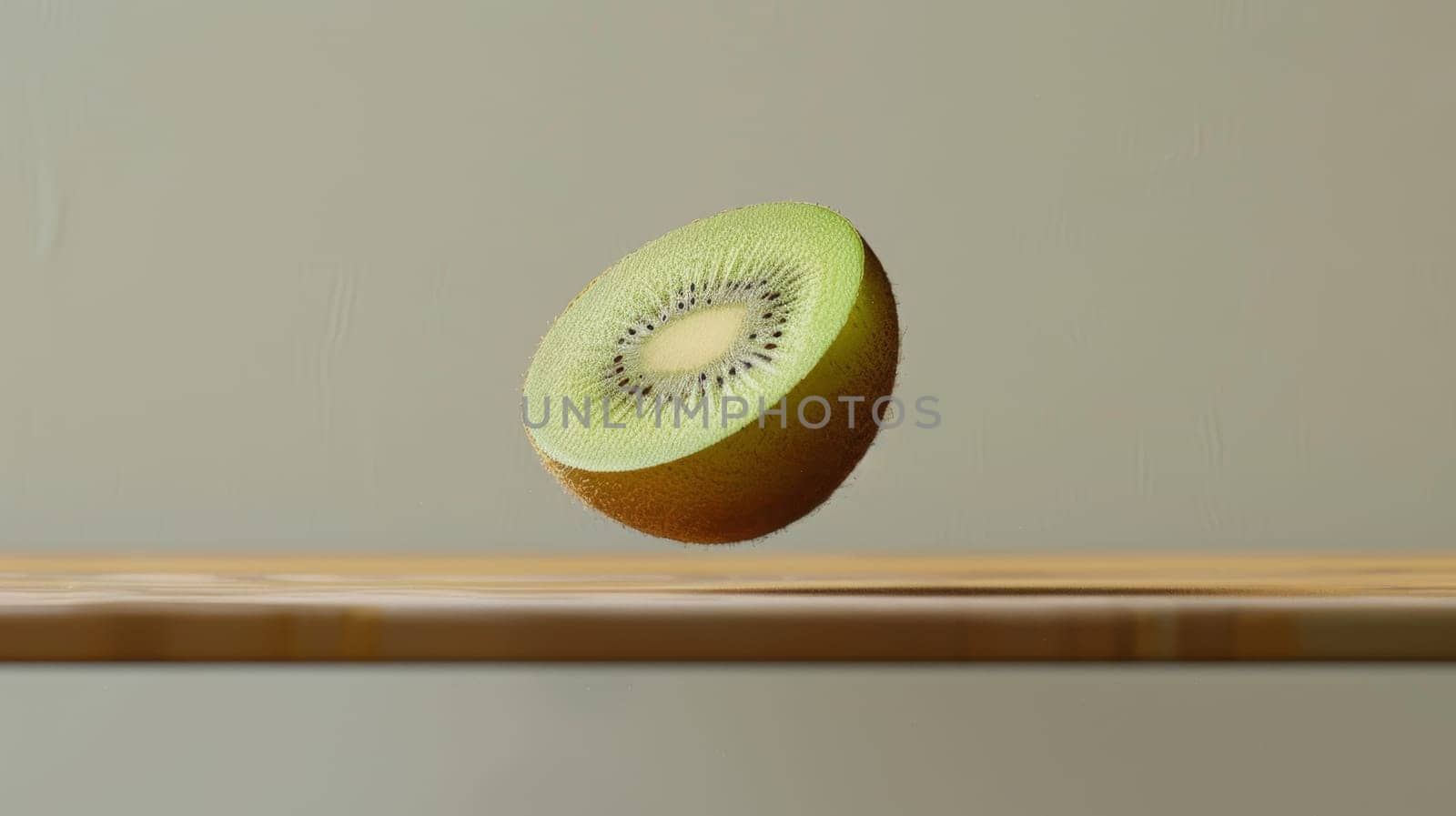 Levitating slice of kiwi in a serene minimalist arrangement