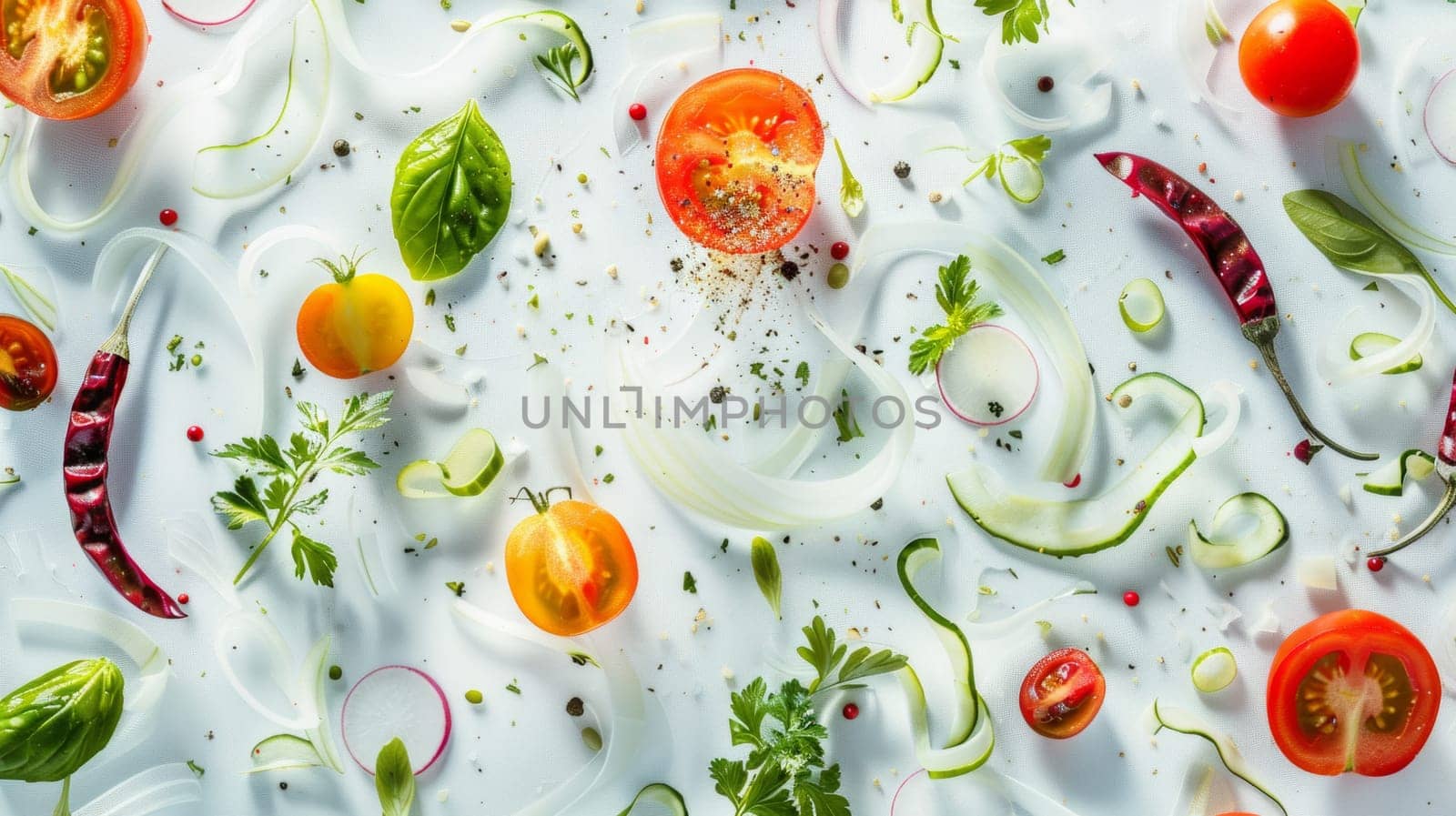 Modern arrangement of spinning salad ingredients in a modern pattern