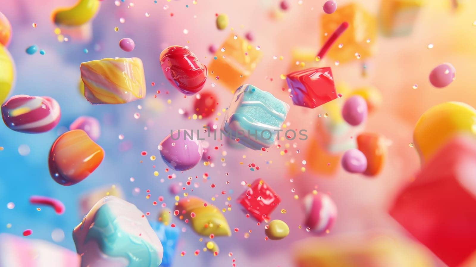 Artistic poster featuring levitating candy pieces with artistic brushstrokes